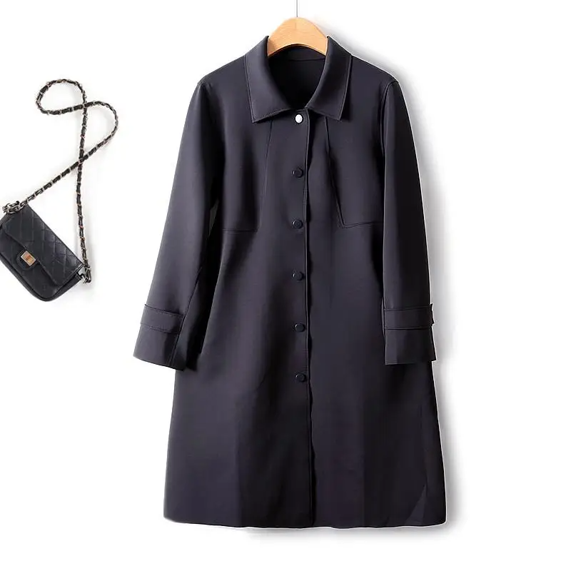 Simple French Fashion Light Luxury Windbreaker Mid Length Autumn Turn Down Collar Single Breasted Air Cotton Jackets Women-1