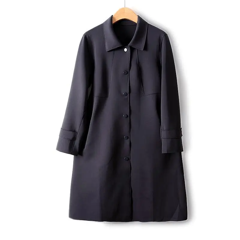 Simple French Fashion Light Luxury Windbreaker Mid Length Autumn Turn Down Collar Single Breasted Air Cotton Jackets Women-3