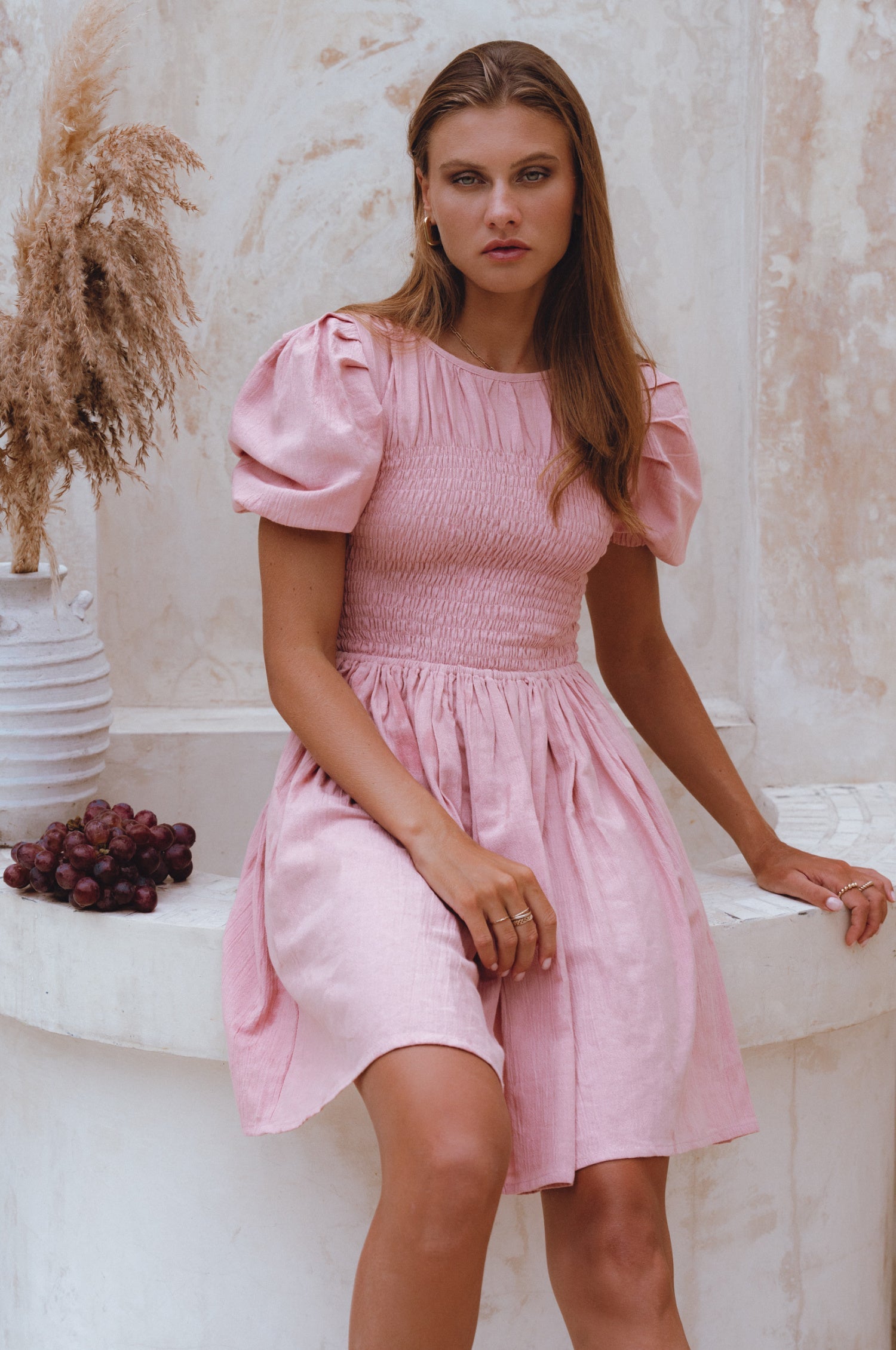 Elodie Smocked Leinen Mini Kleid