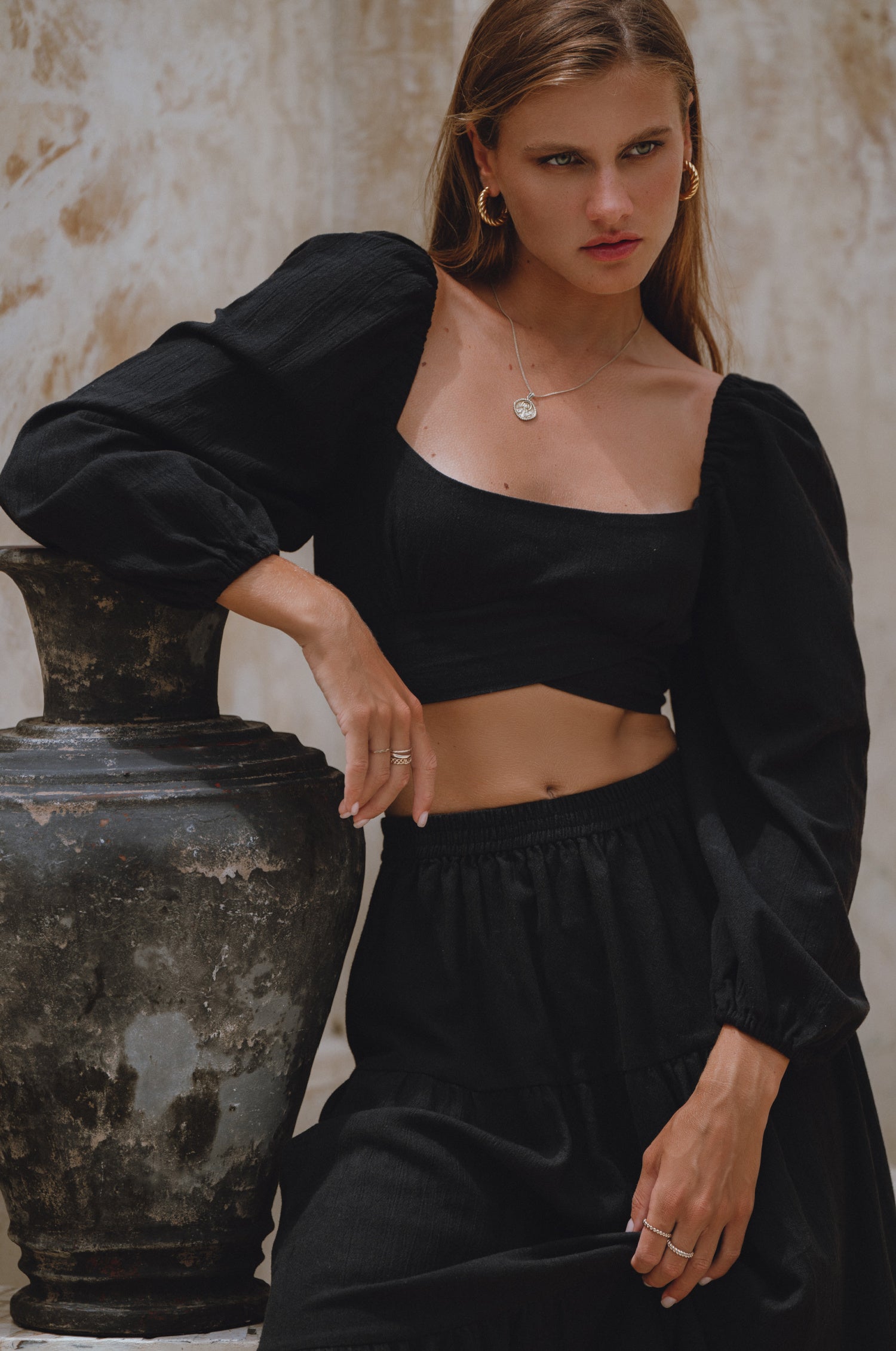 Helsa Langarm Leinen Top