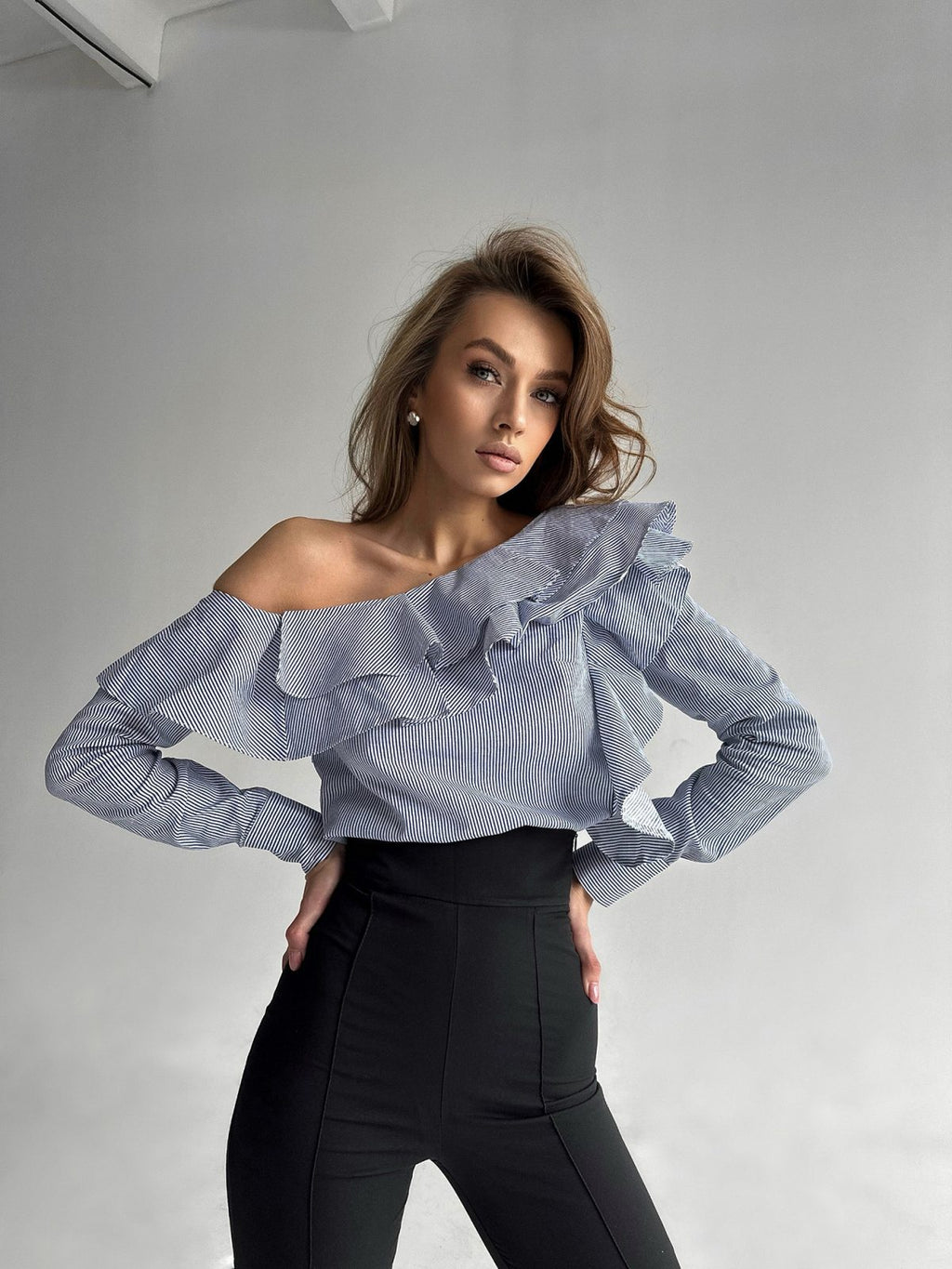 white and blue striped off shoulder cotton blouse asymmetrical blouse with ruffle neckline and long sleeves