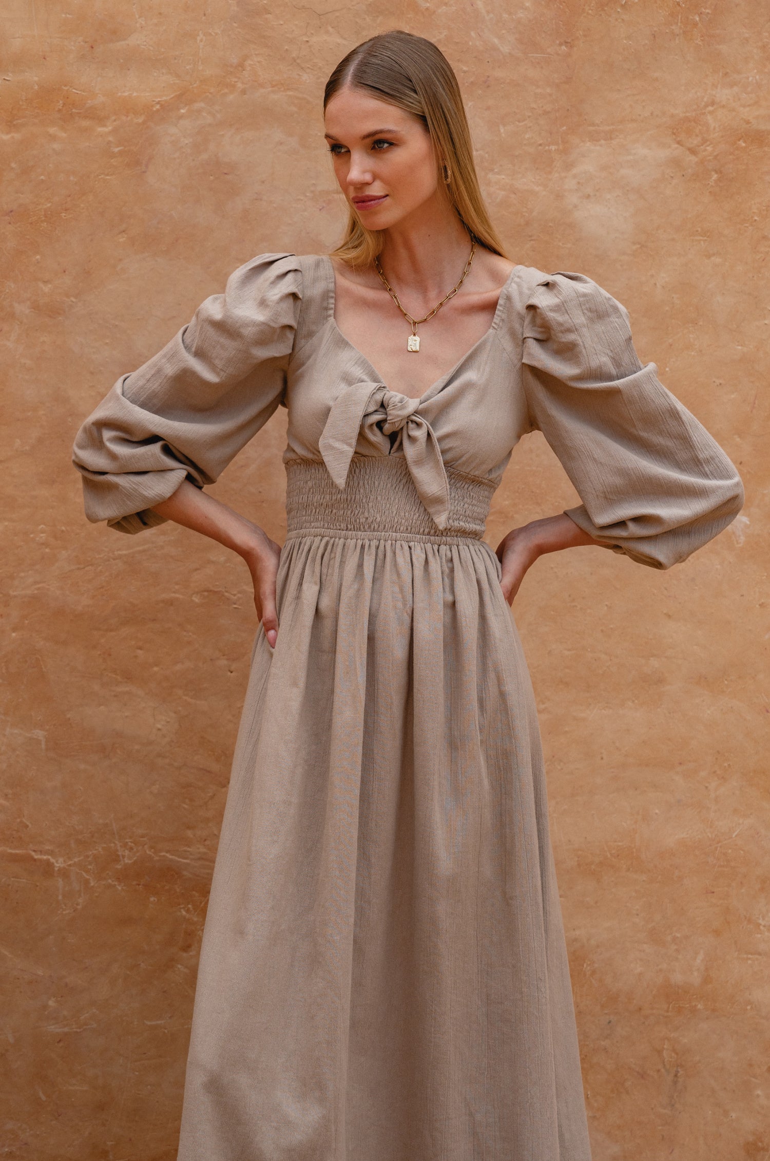 Narcisa Puffärmel Leinen Kleid