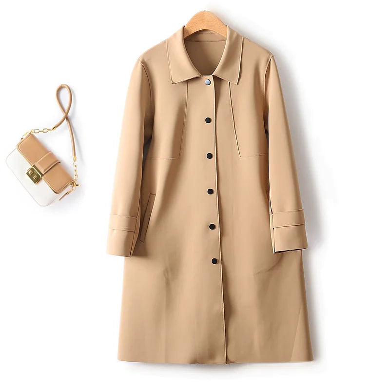 Simple French Fashion Light Luxury Windbreaker Mid Length Autumn Turn Down Collar Single Breasted Air Cotton Jackets Women-4